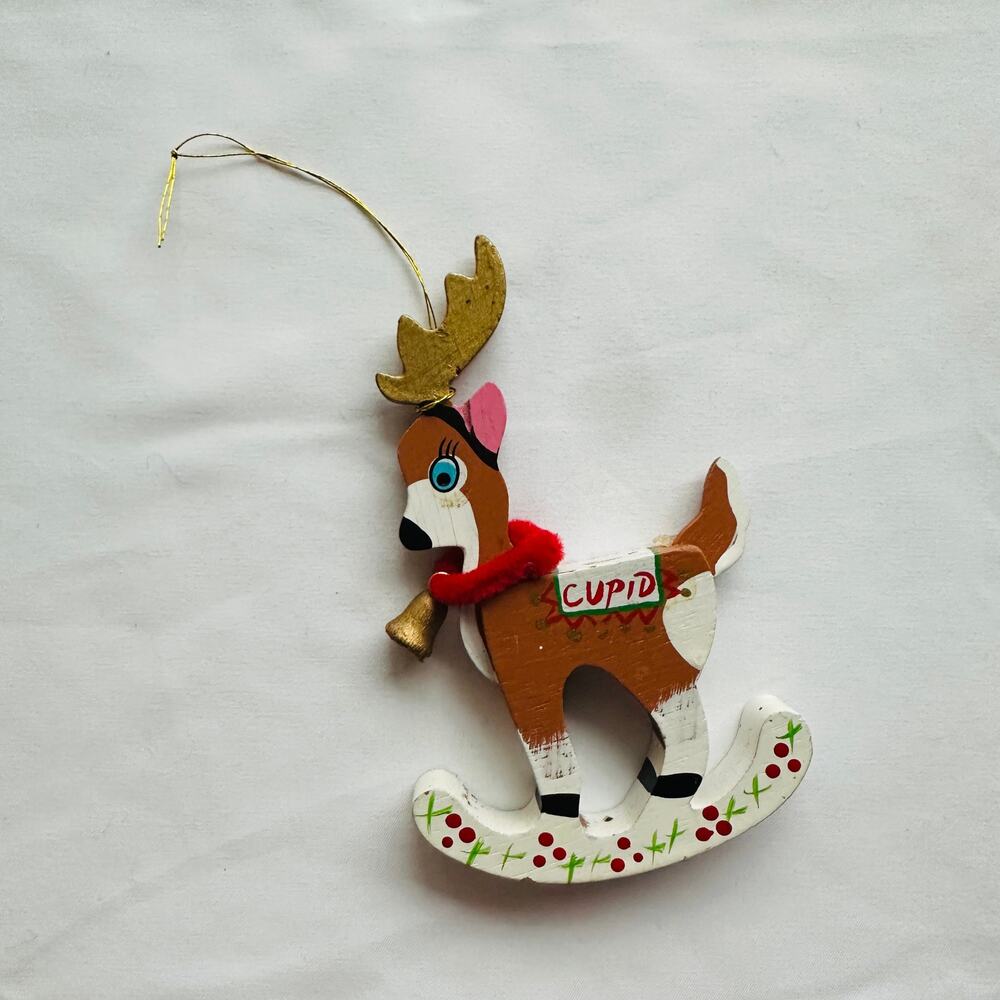 Vintage Hand Painted Santa's Reindeer "Cupid" Rocking Horse Christmas Ornament - Picture 2 of 8